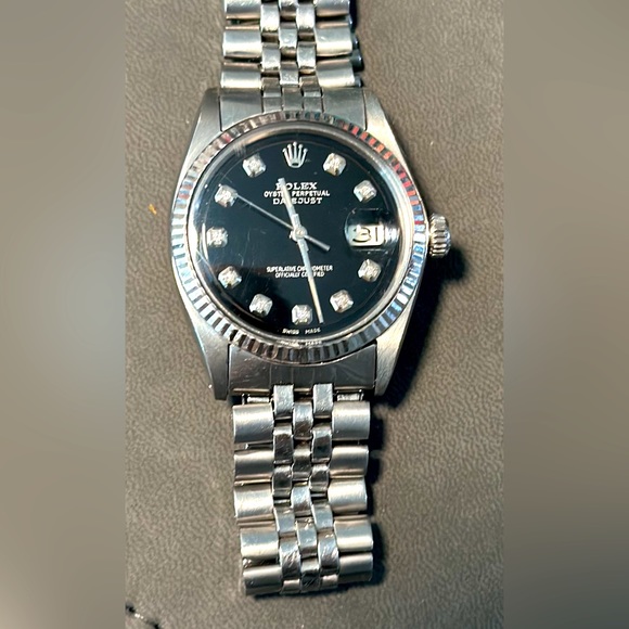 ROLEX MENS 36 mm DATEJUST WATCH STEEL BLACK DIAMOND DIAL FLUTED BEZEL - Picture 2 of 14